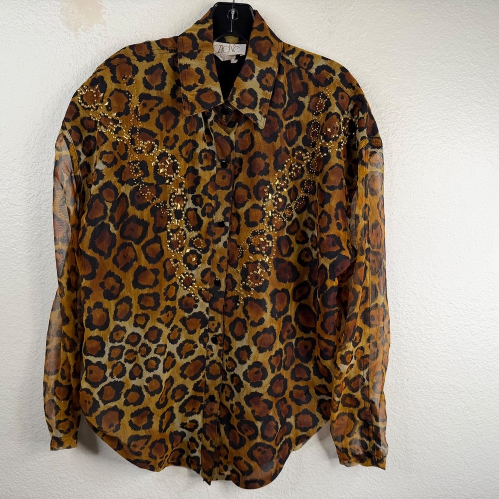 Cache Women's Top Brown Sz L/XL Animal Print Semi Sheer Studded Western 90's Y2K